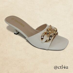 Chain Mule Heels White Slide Sandals Gold Tone Accent Coquette Y2K Chic Size 8